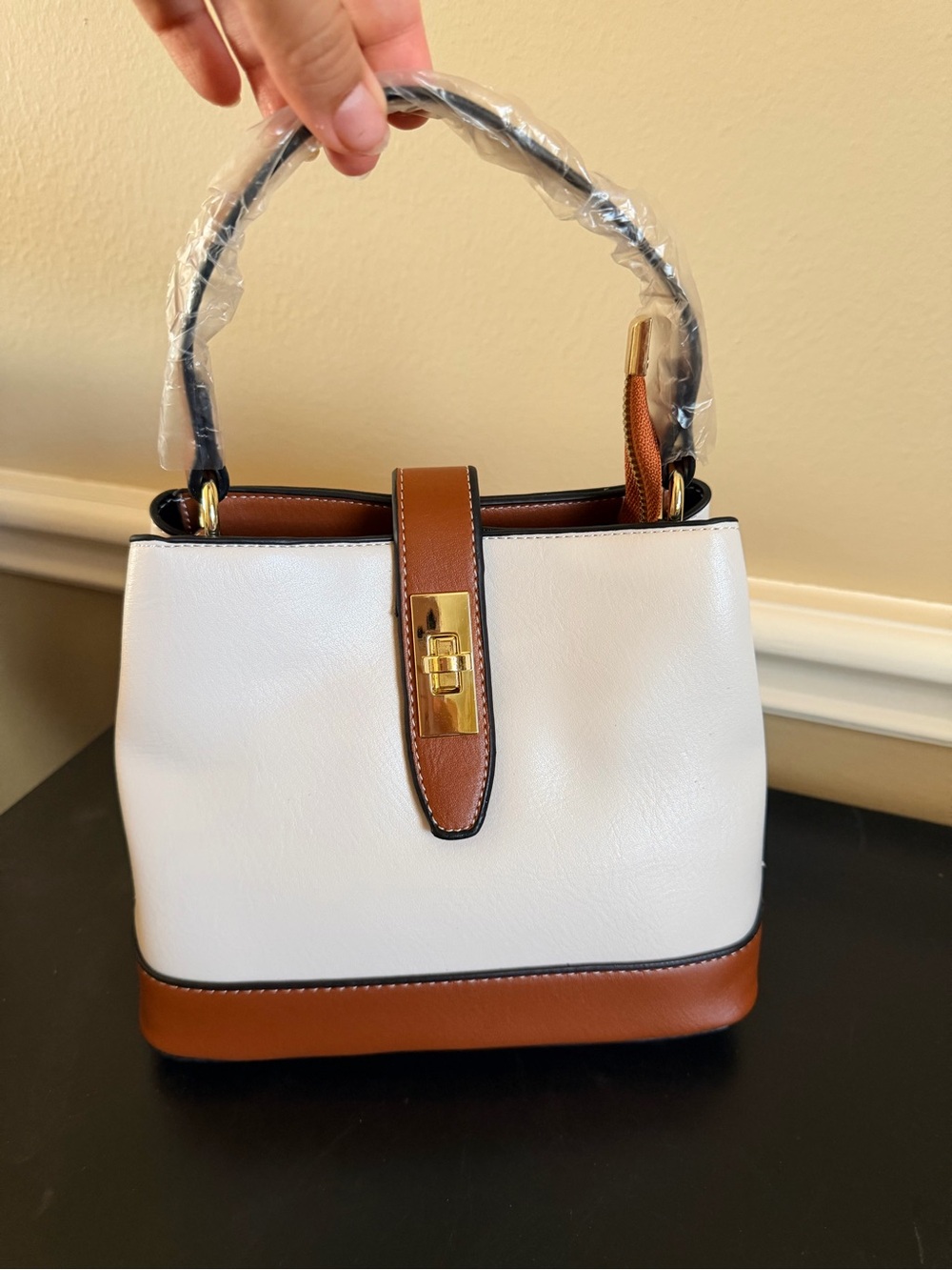 Women's White and Brown Top-Handle Satchel Handbag